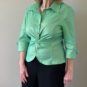 Cachet Mint Green Women's Stylish Blouse with Floral Rhinestone Buttons.